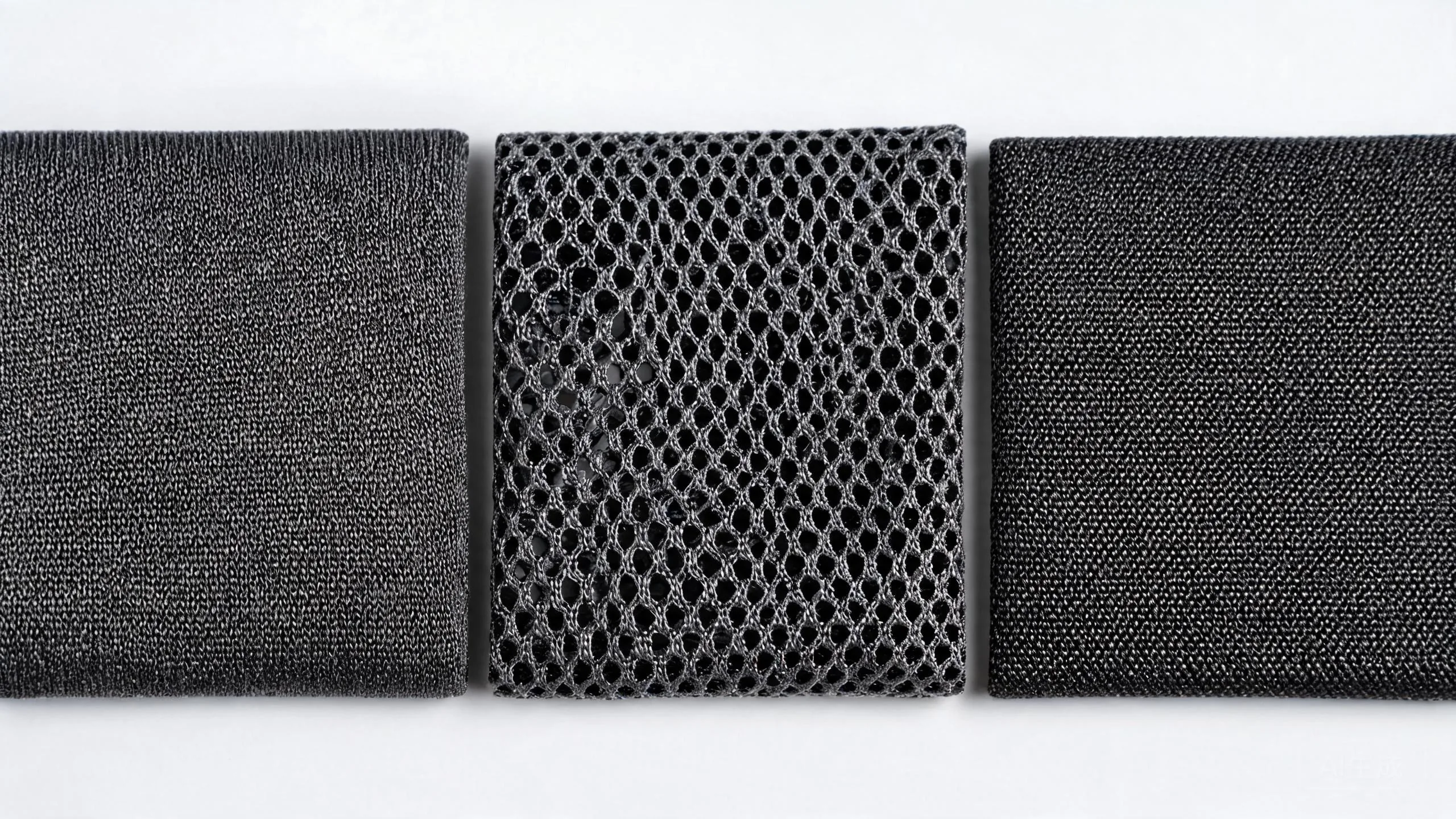 Macro comparison of lycra, mesh and polyester sportswear fabrics