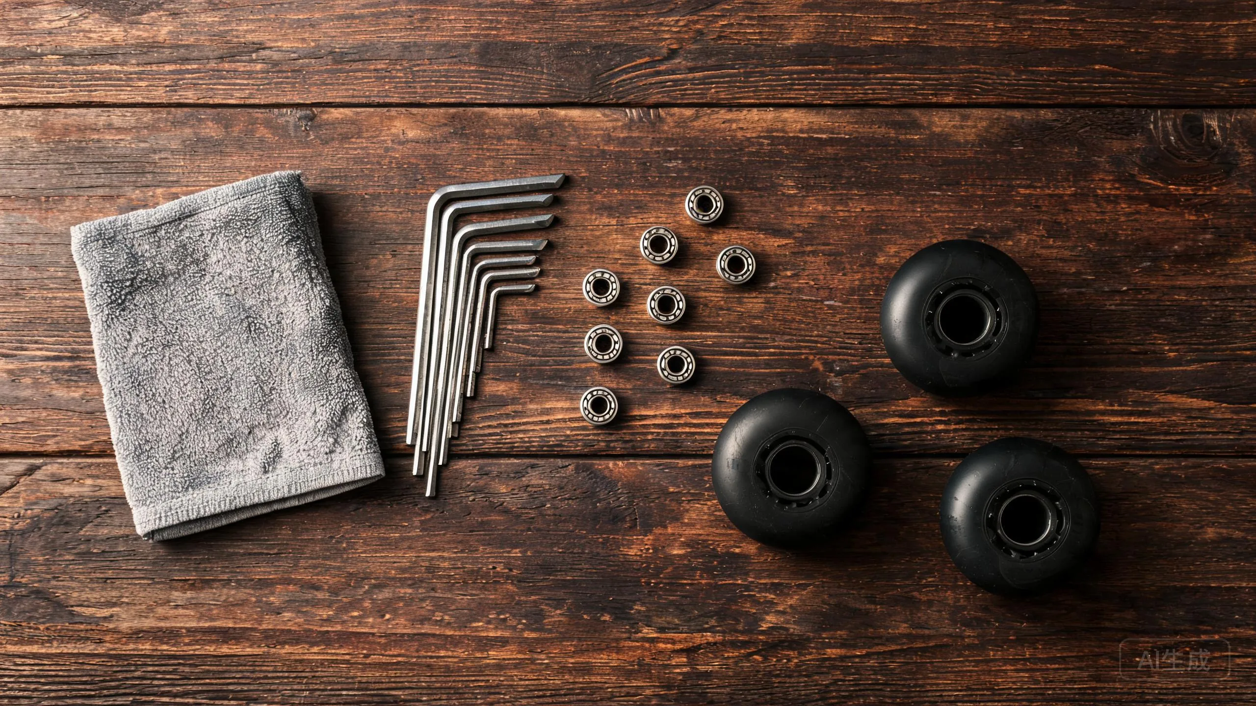 Flat lay of inline skate bearings, hex keys and spare wheels on a workbench