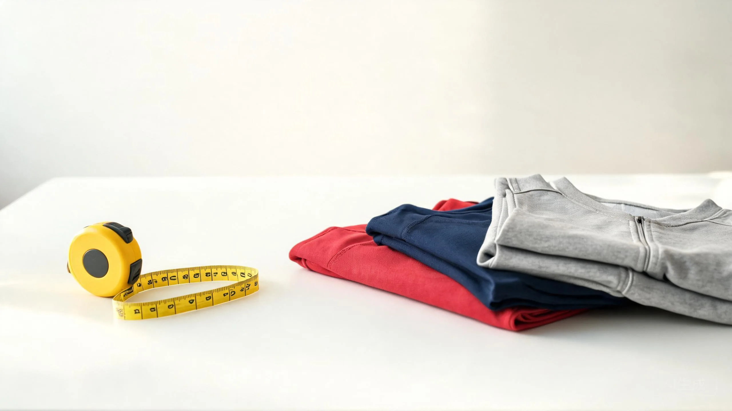 Measuring tape and a blank size chart sheet next to folded jerseys