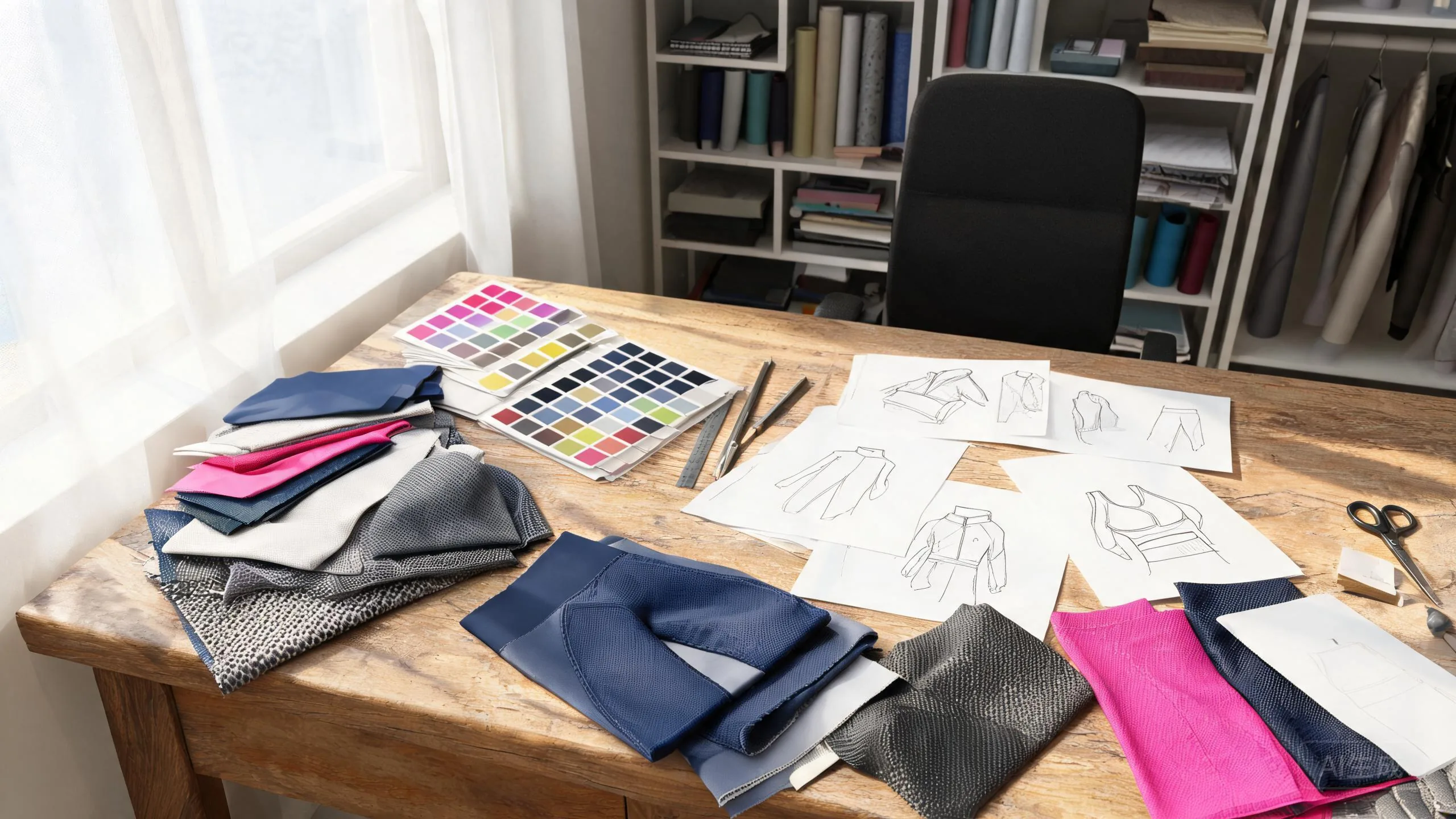 Sportswear design mockups, fabric swatches and color cards on a desk