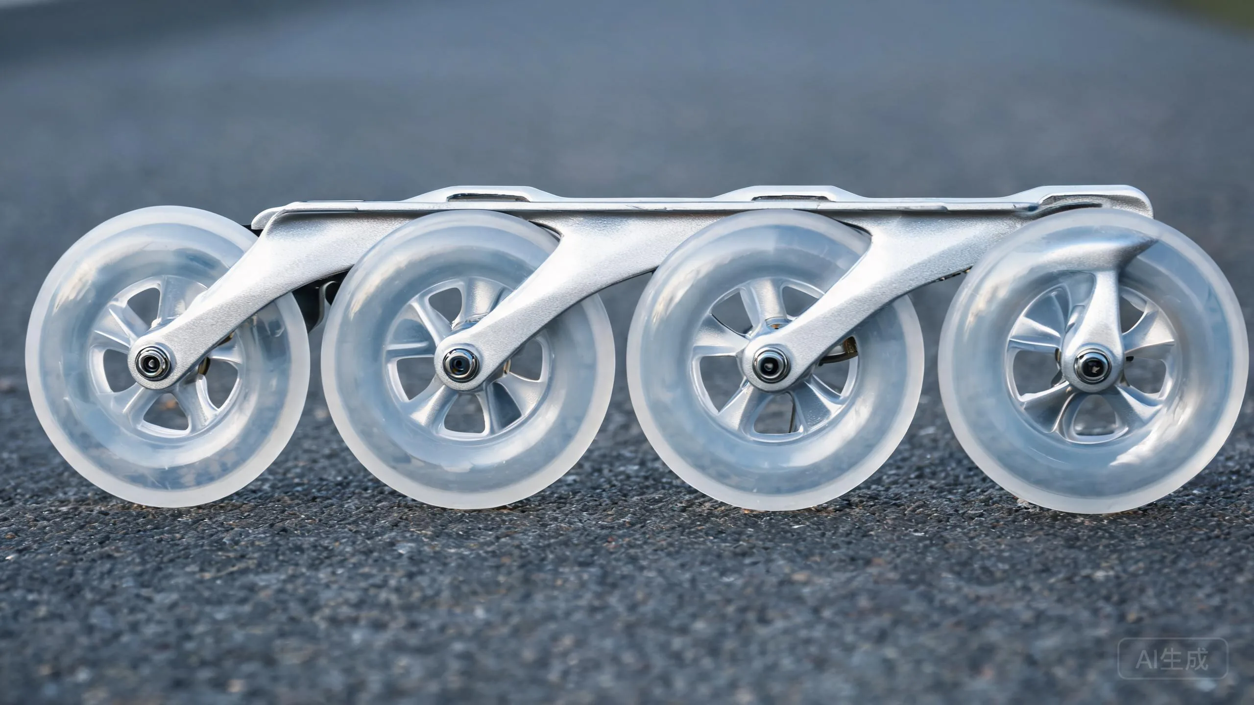 Close-up of inline speed skate wheels mounted on an aluminum frame