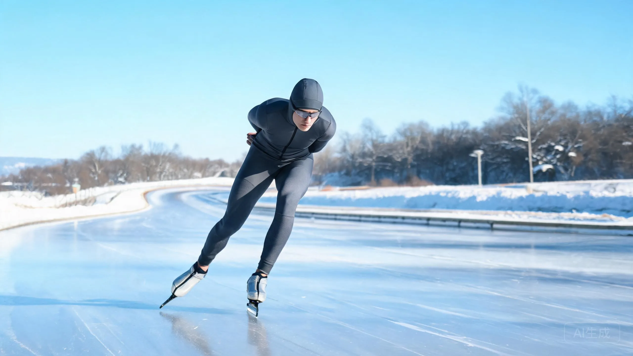 Long track speed skater in a low crouch on an outdoor ice oval
