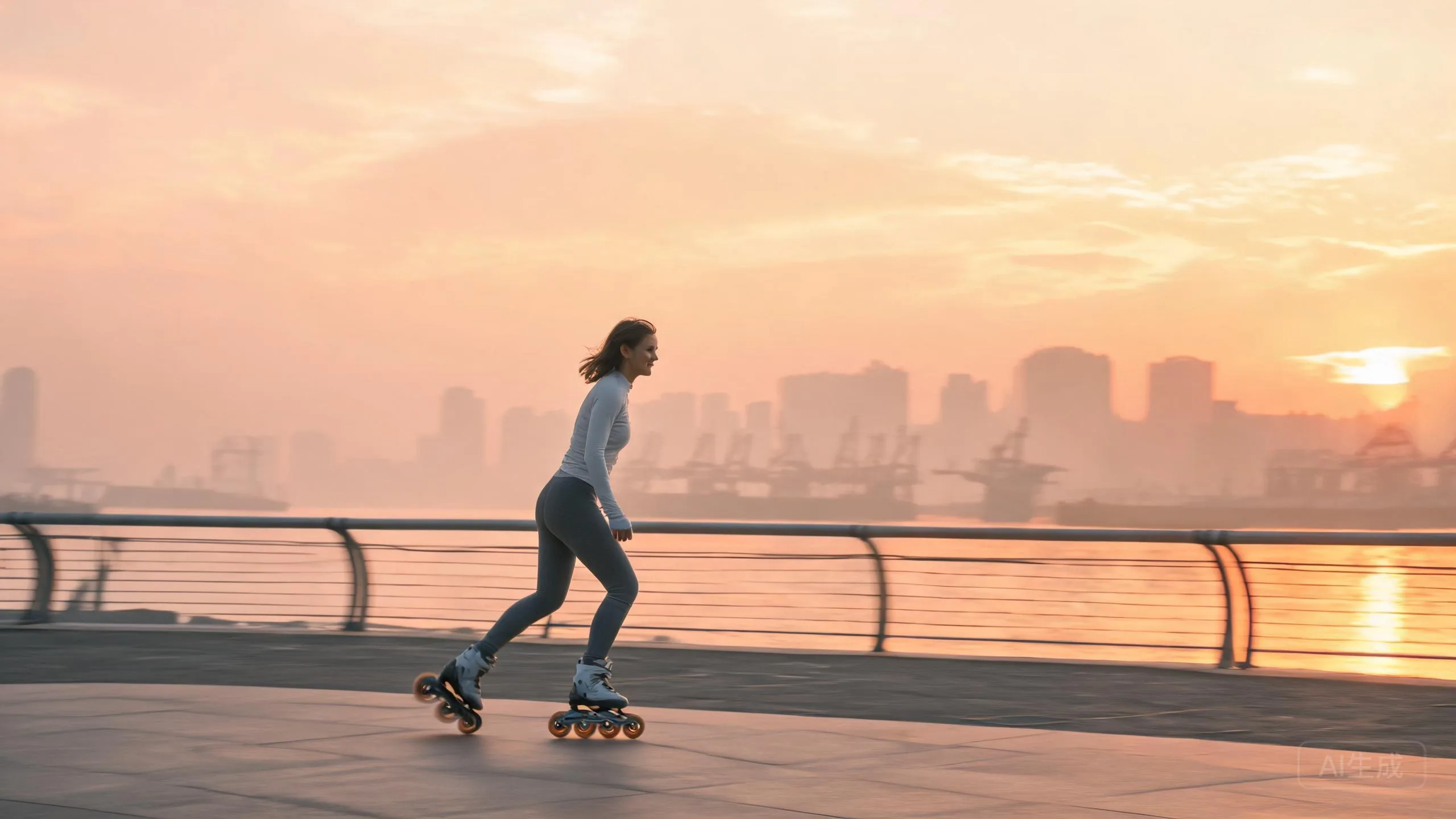 Inline skater gliding along a city waterfront promenade at sunrise