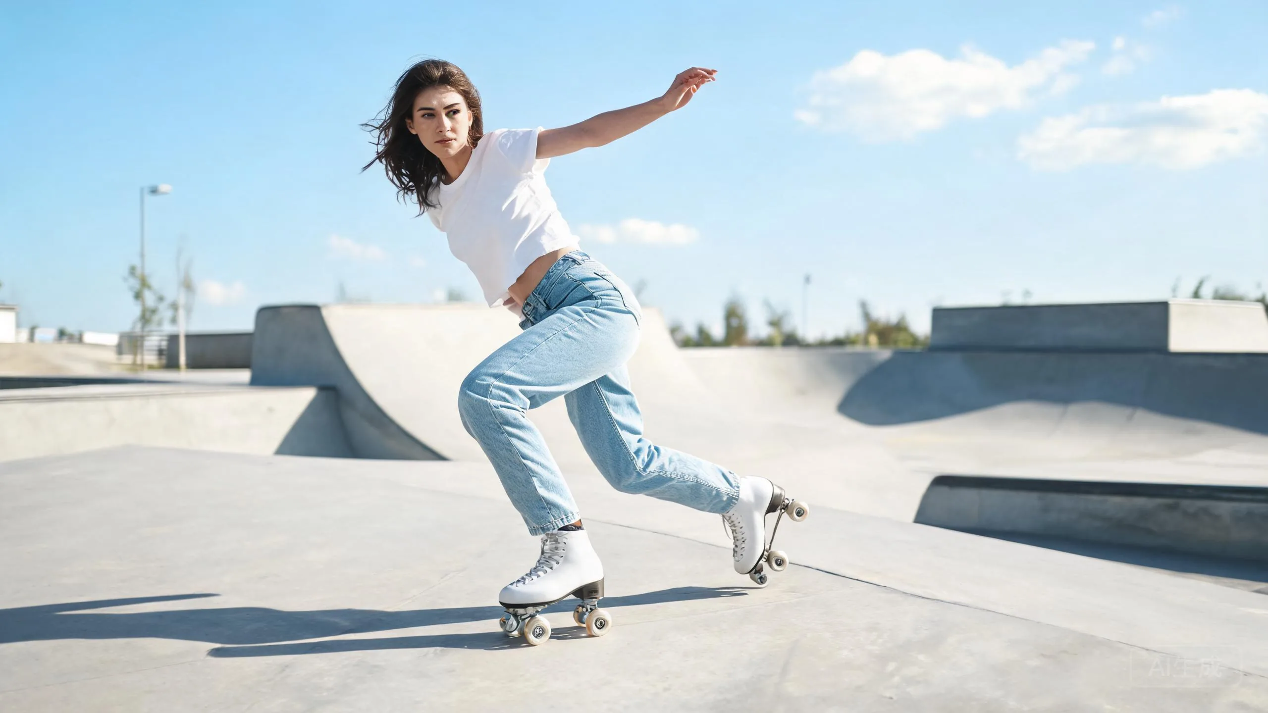 Roller skater on quad skates carving in a concrete skatepark
