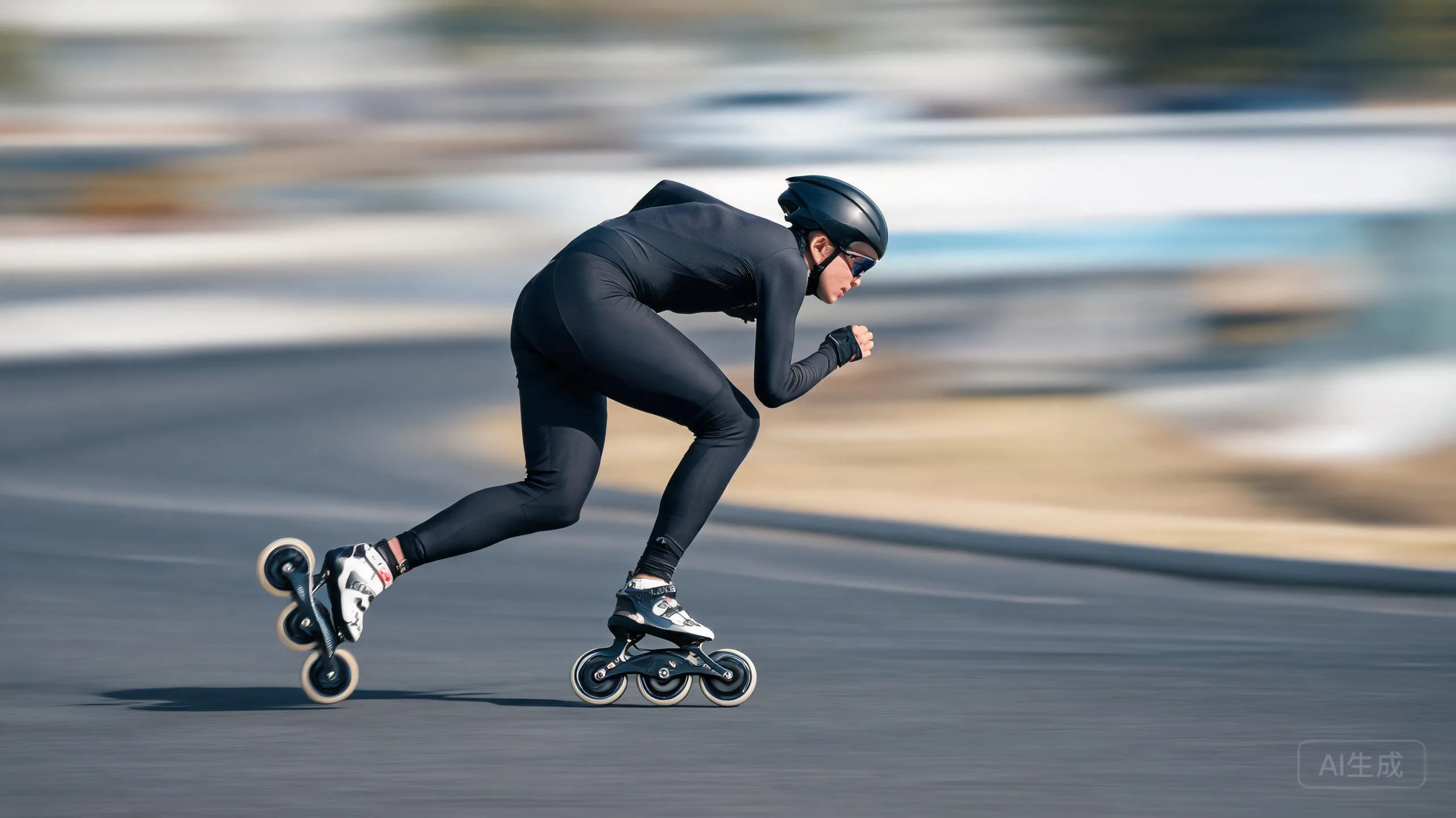 Inline speed skater sprinting in a low crouch on a racing circuit