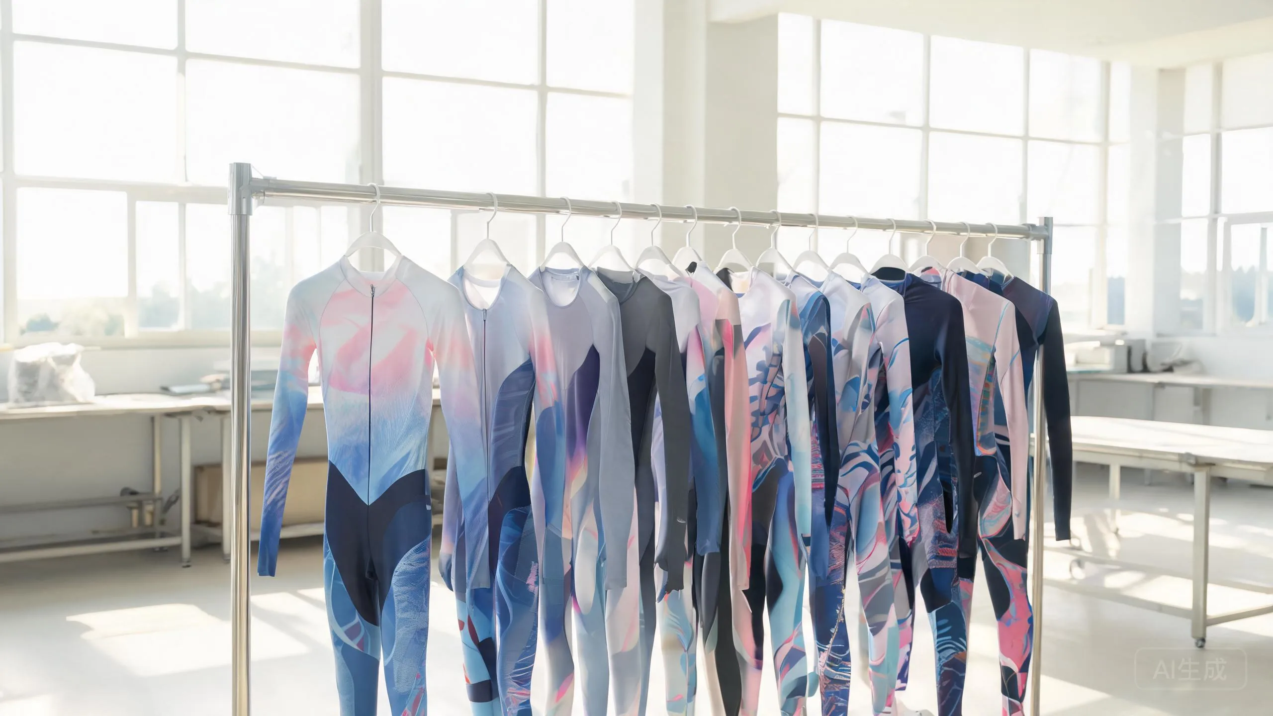 Custom sublimated speed skating suits hanging on a rack in a workshop