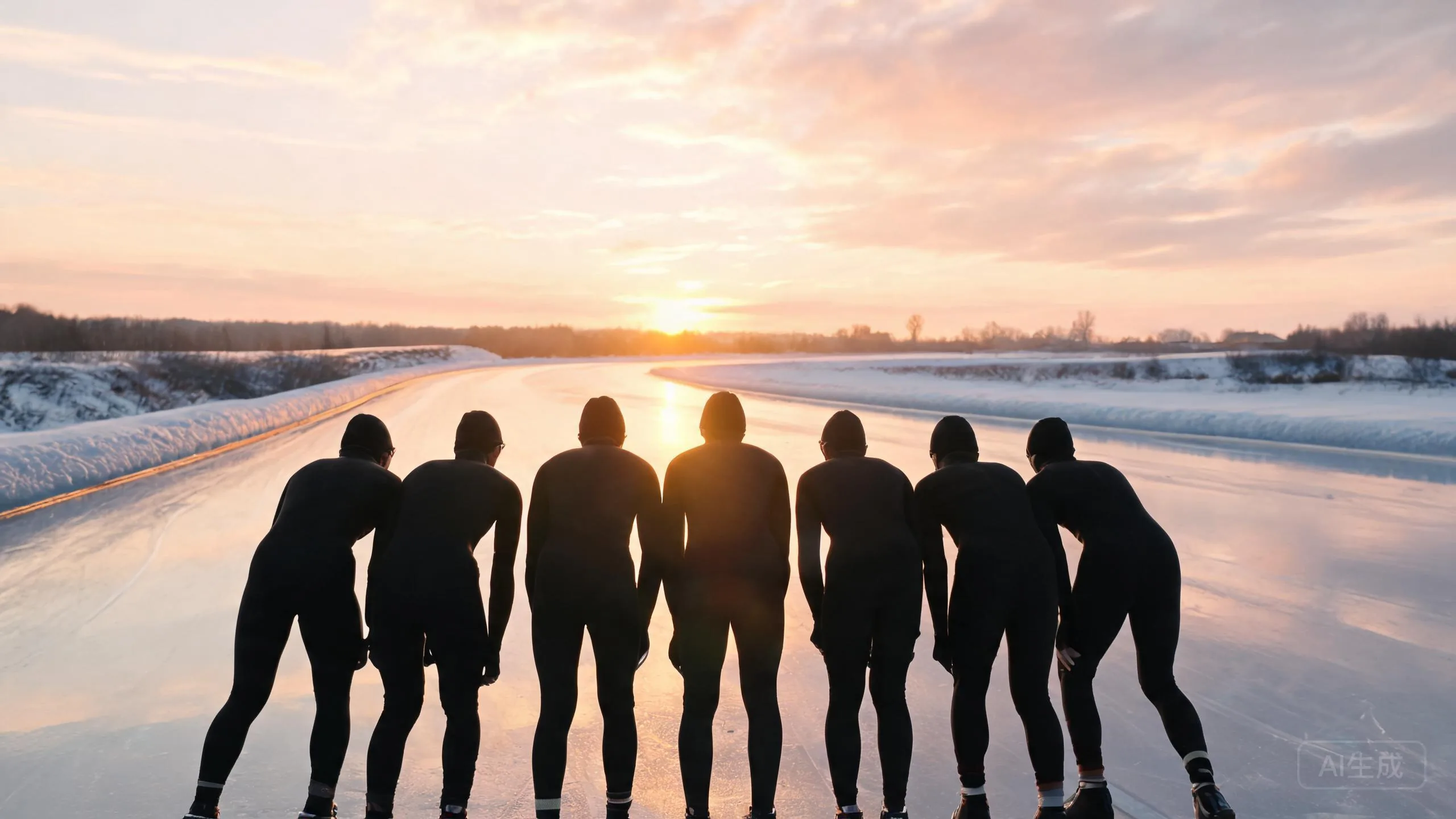 A skating team in matching suits seen from behind, facing the track at sunrise