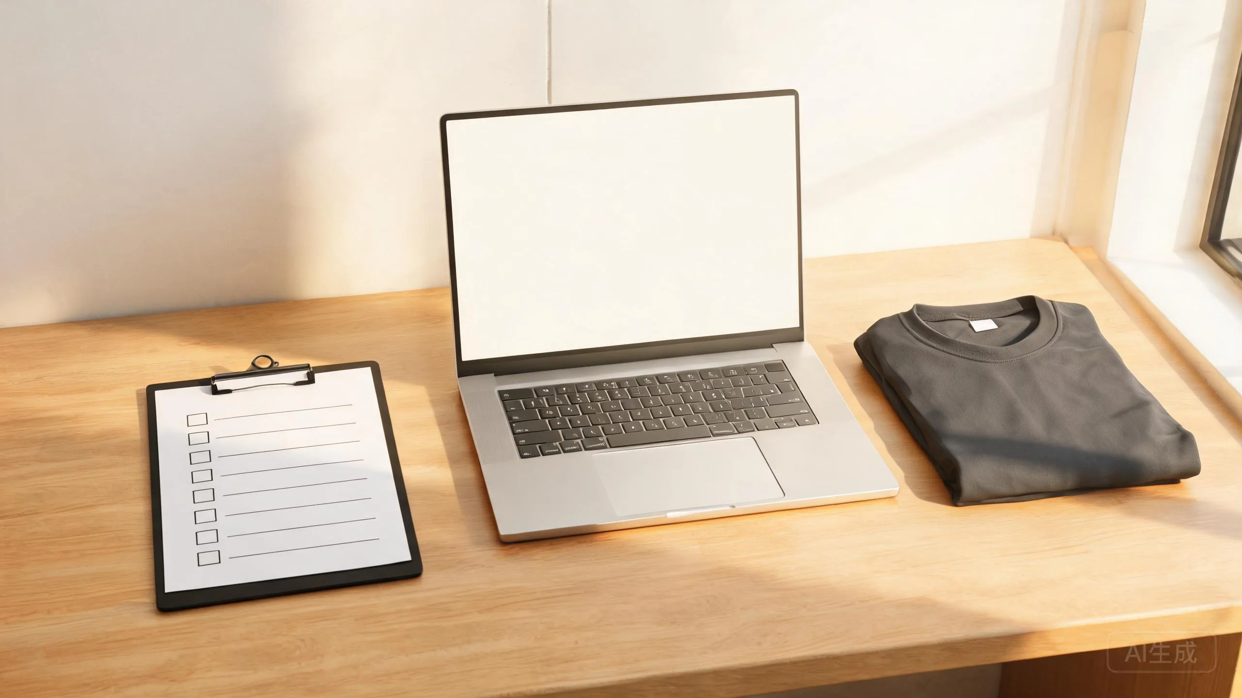 Clipboard with a checklist, laptop and folded jersey on a desk
